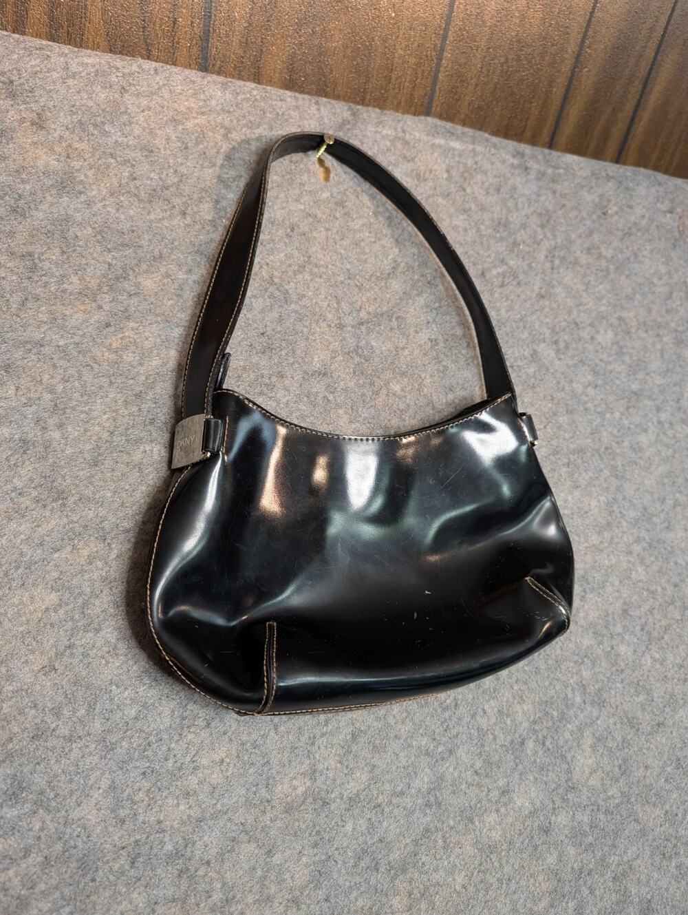 Y2K Small Vintage DKNY Black Shiny Shoulder Bag Stitching 90s Goth Everyday
